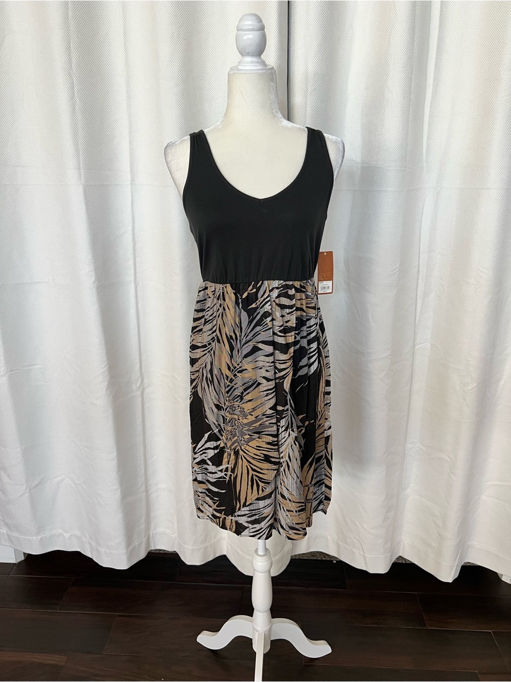 Sonoma Black Tank Top Midi Dress with Tan & Gray Leaf Print